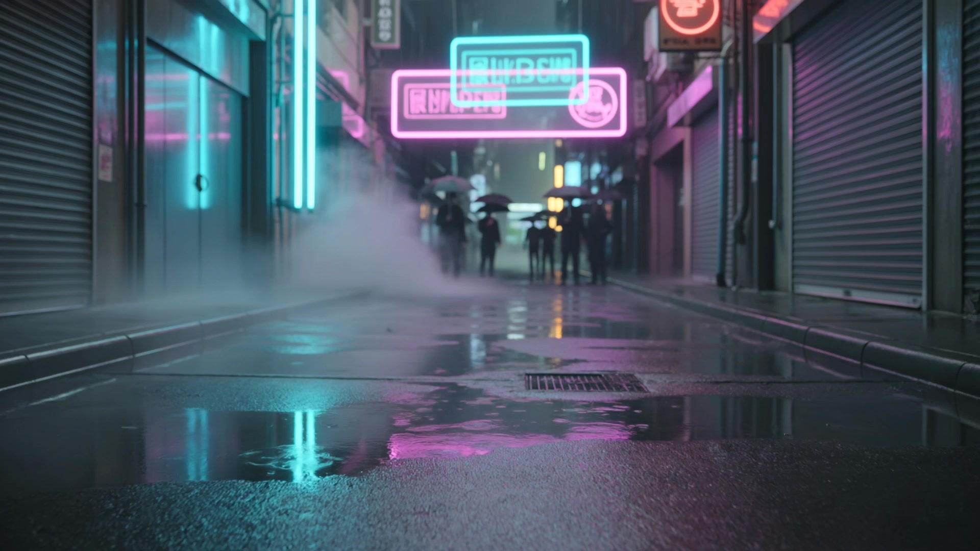 AI video frame of a misty neon alley at night