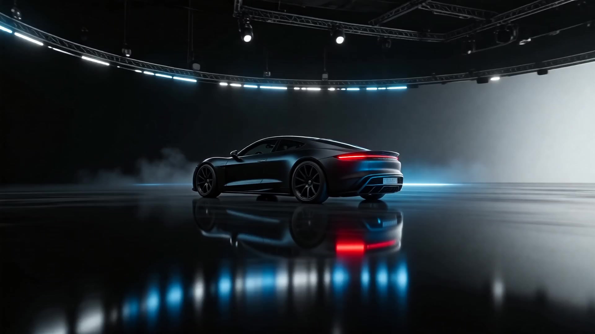 AI video frame of a sports car on a reflective studio floor