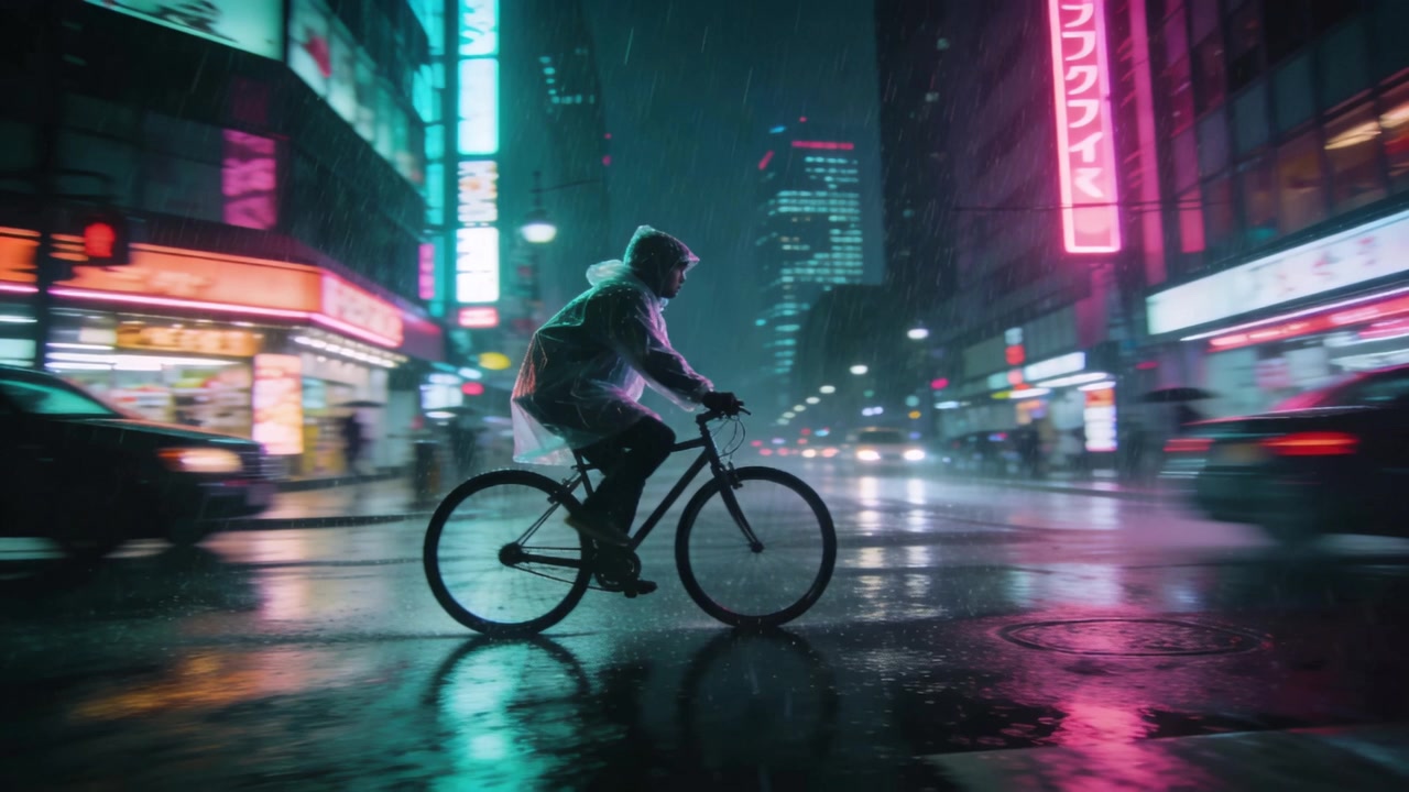 AI video frame of a cyclist riding through a rainy neon street
